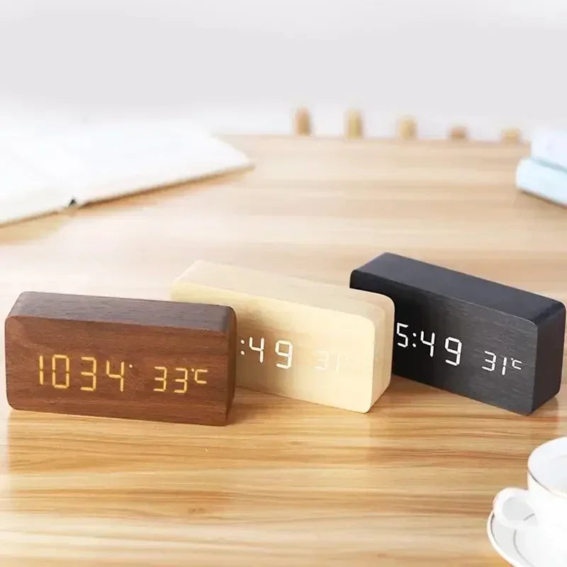 Digital Alarm Clock Wooden LED 