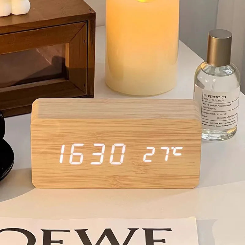 Digital Alarm Clock Wooden LED 