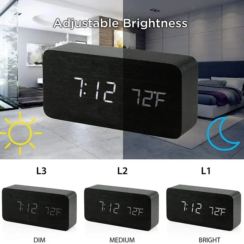 Digital Alarm Clock Wooden LED 
